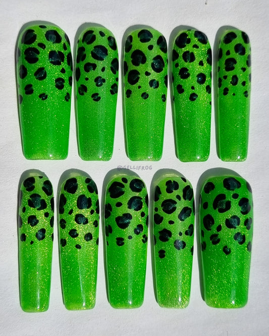 Envy Spots long square green cheetah print press-on nails by Gellifrog – handmade gel set