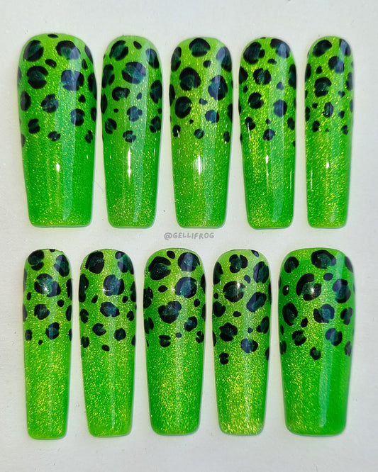 Envy Spots – Long Square Green Cheetah Print Press-On Nails | Handmade Gel Set