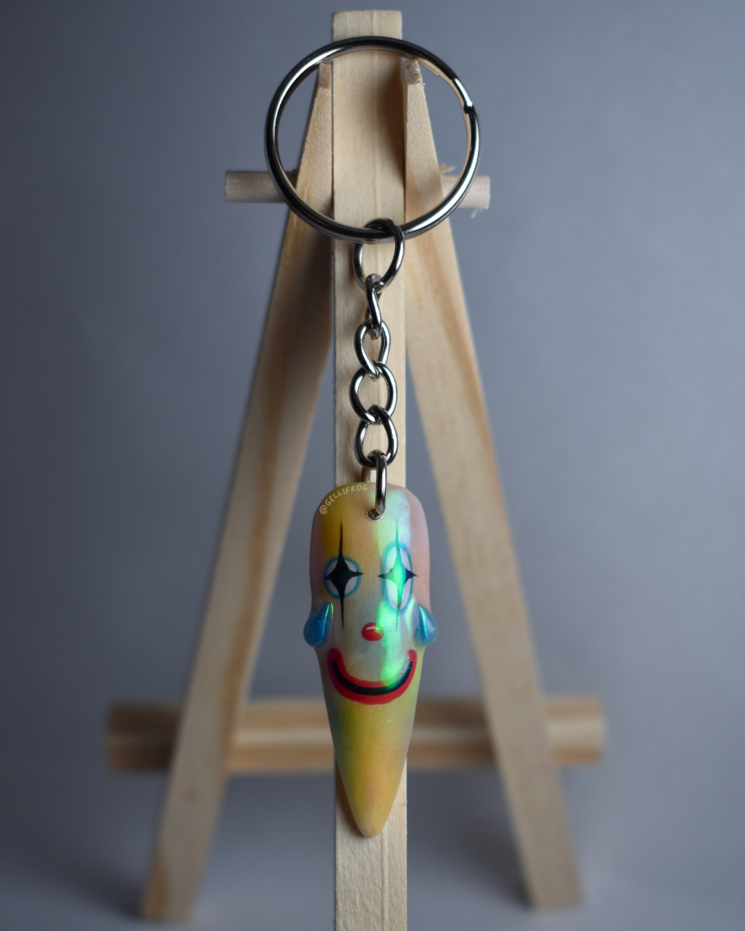 Acid Clown Keychain with hand-painted rainbow clown nail by Gellifrog with NFC