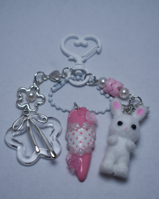 Baby Cakes hand-painted 3D frosted pink and white cake nail keychain by Gellifrog with NFC