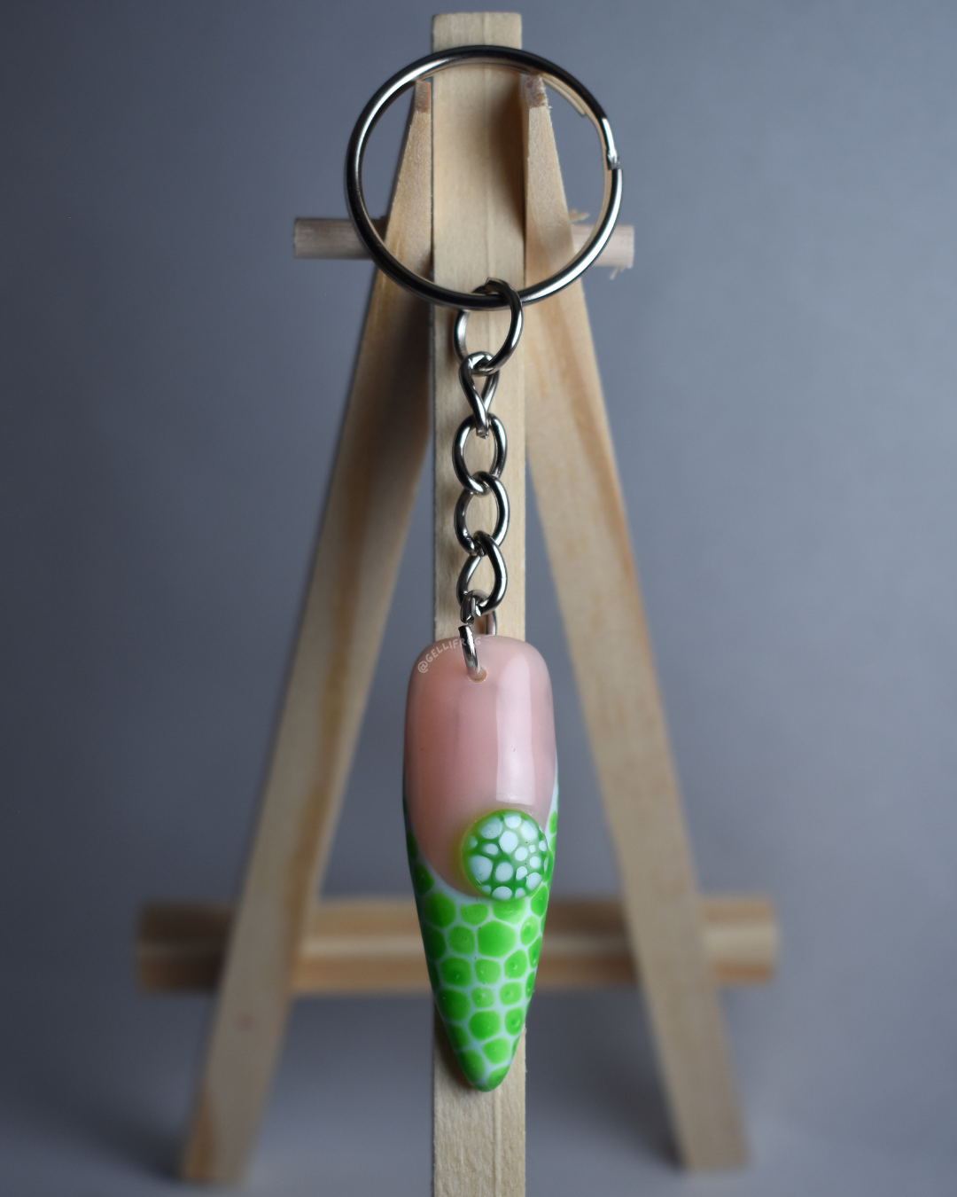 Chic Spots Keychain with hand-painted green and pale blue blooming gel French tip nail by Gellifrog with NFC