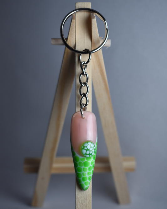 Chic Spots Keychain with hand-painted green and pale blue blooming gel French tip nail by Gellifrog with NFC
