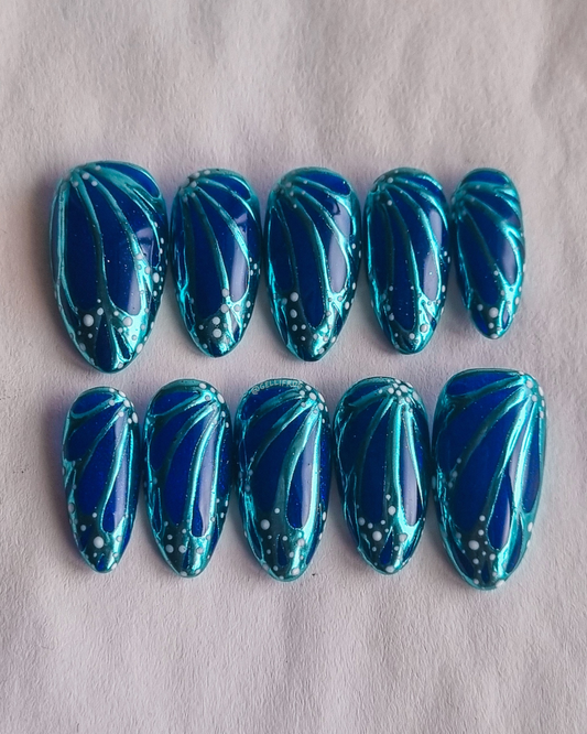 Electric Butterfly – Medium Almond Chrome & Cat Eye Press-On Nails | Handmade Gel Set