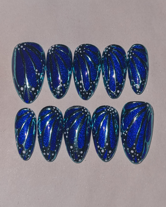 Electric Butterfly medium almond press-on nails by Gellifrog – handmade gel set