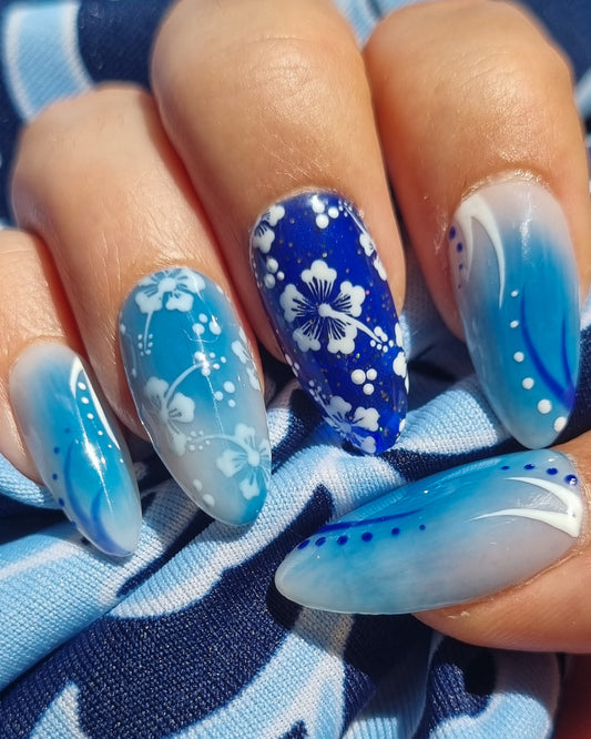 Beach Cocktails - Medium Almond Blue Hibiscus Aura Press-On Nails | Handmade Gel Set