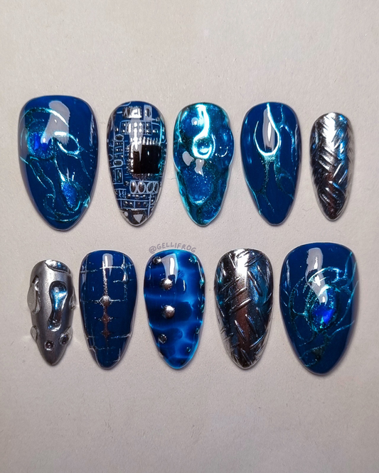 Cybersick medium almond techcore press-on nails by Gellifrog – handmade gel set
