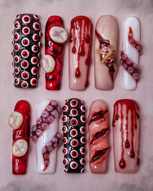 Carno Scene long square gorecore press-on nails by Gellifrog – handmade gel set