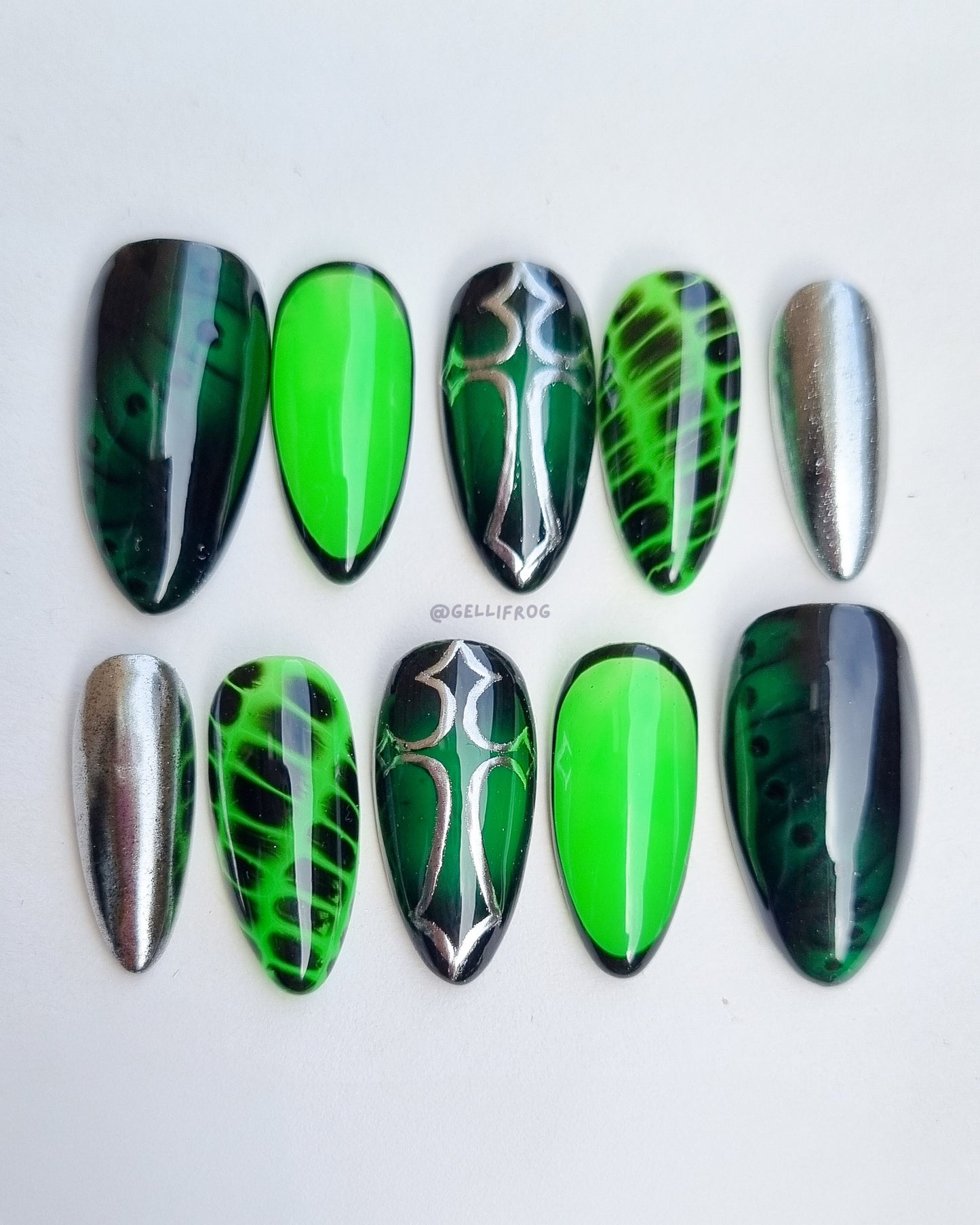 Venom Code medium almond neon green and black press-on nails by Gellifrog – handmade gel set