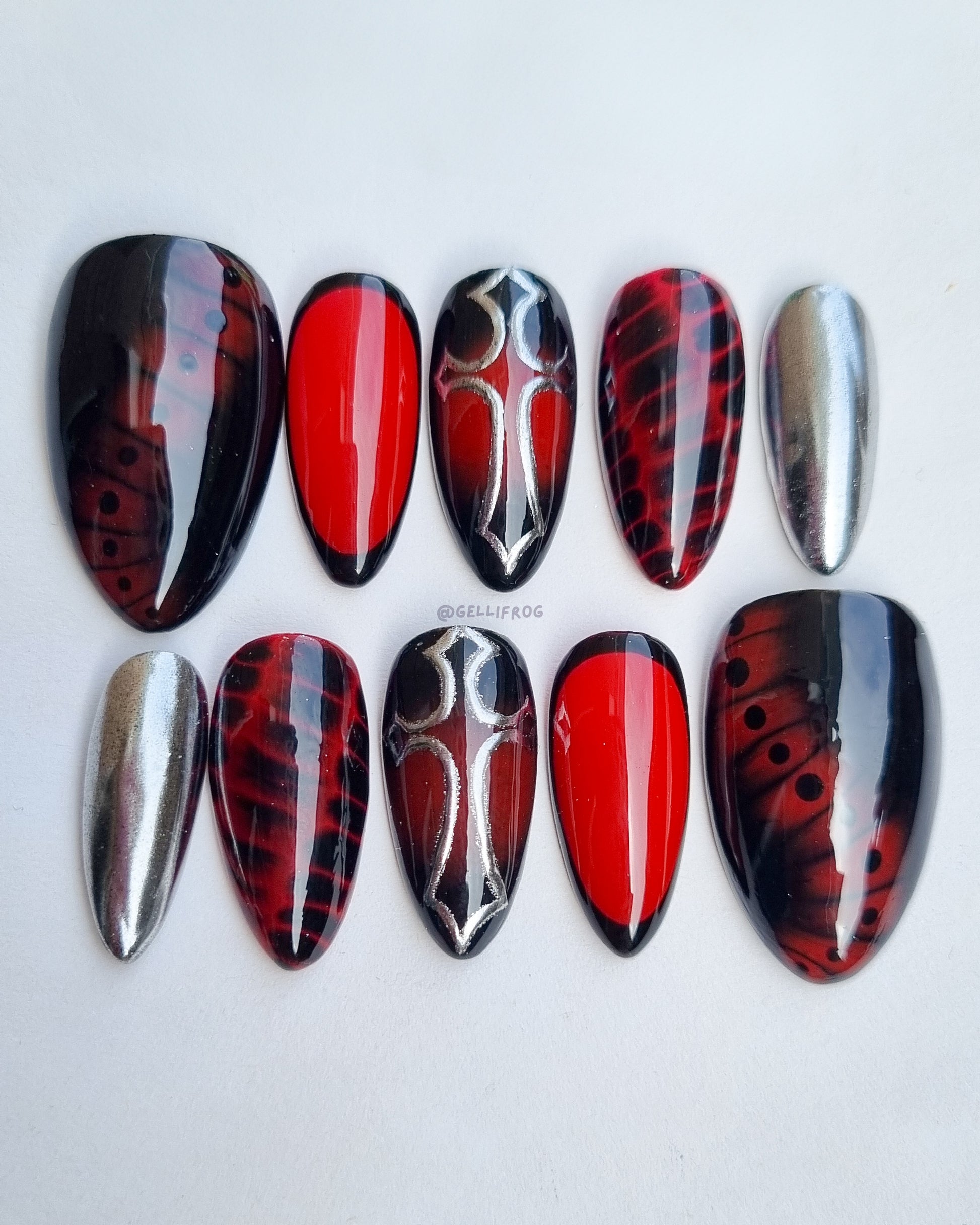 Crimson Code medium almond deep red and black press-on nails by Gellifrog – handmade gel set