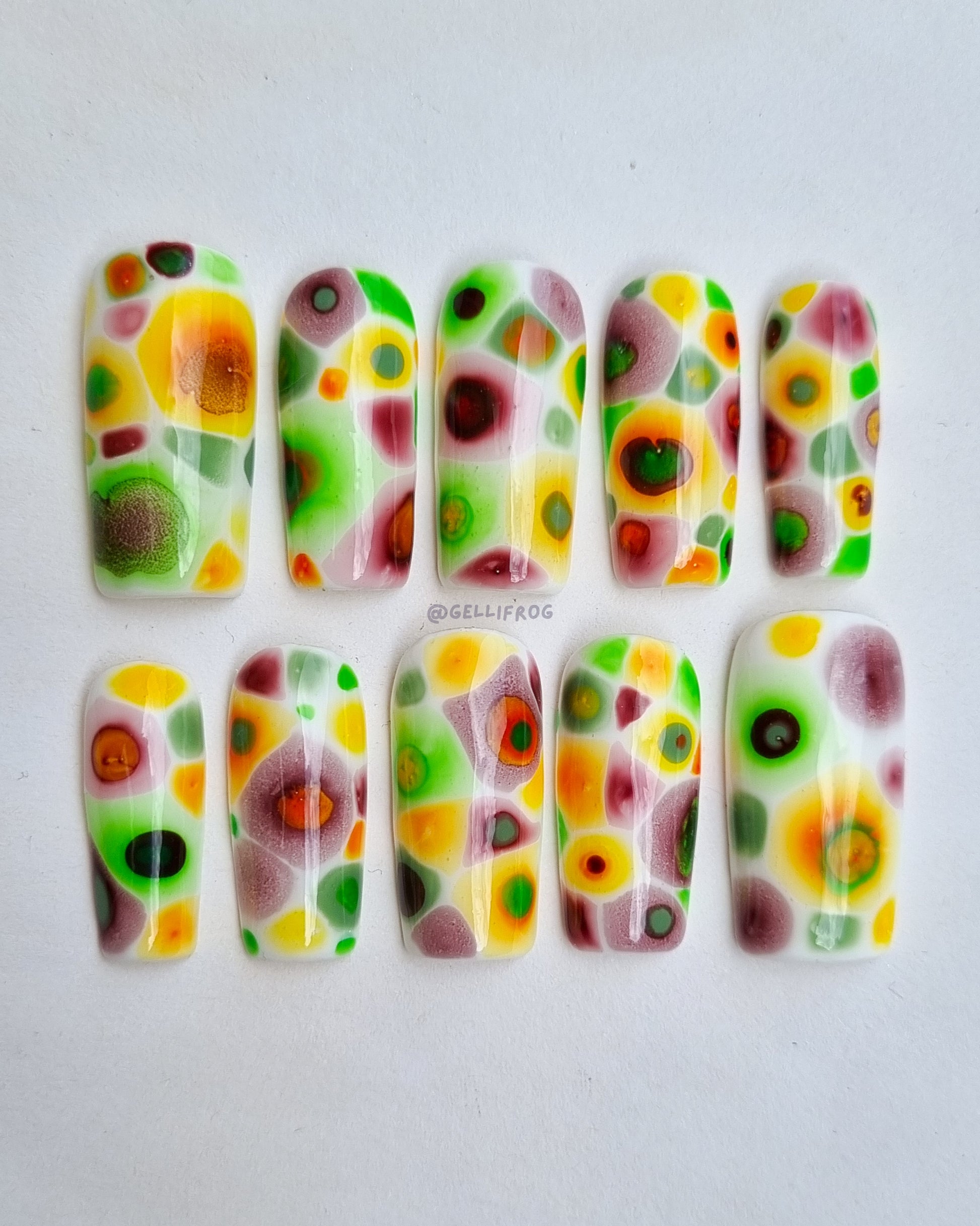 Spore Candy medium square candy-coloured press-on nails by Gellifrog – handmade gel set