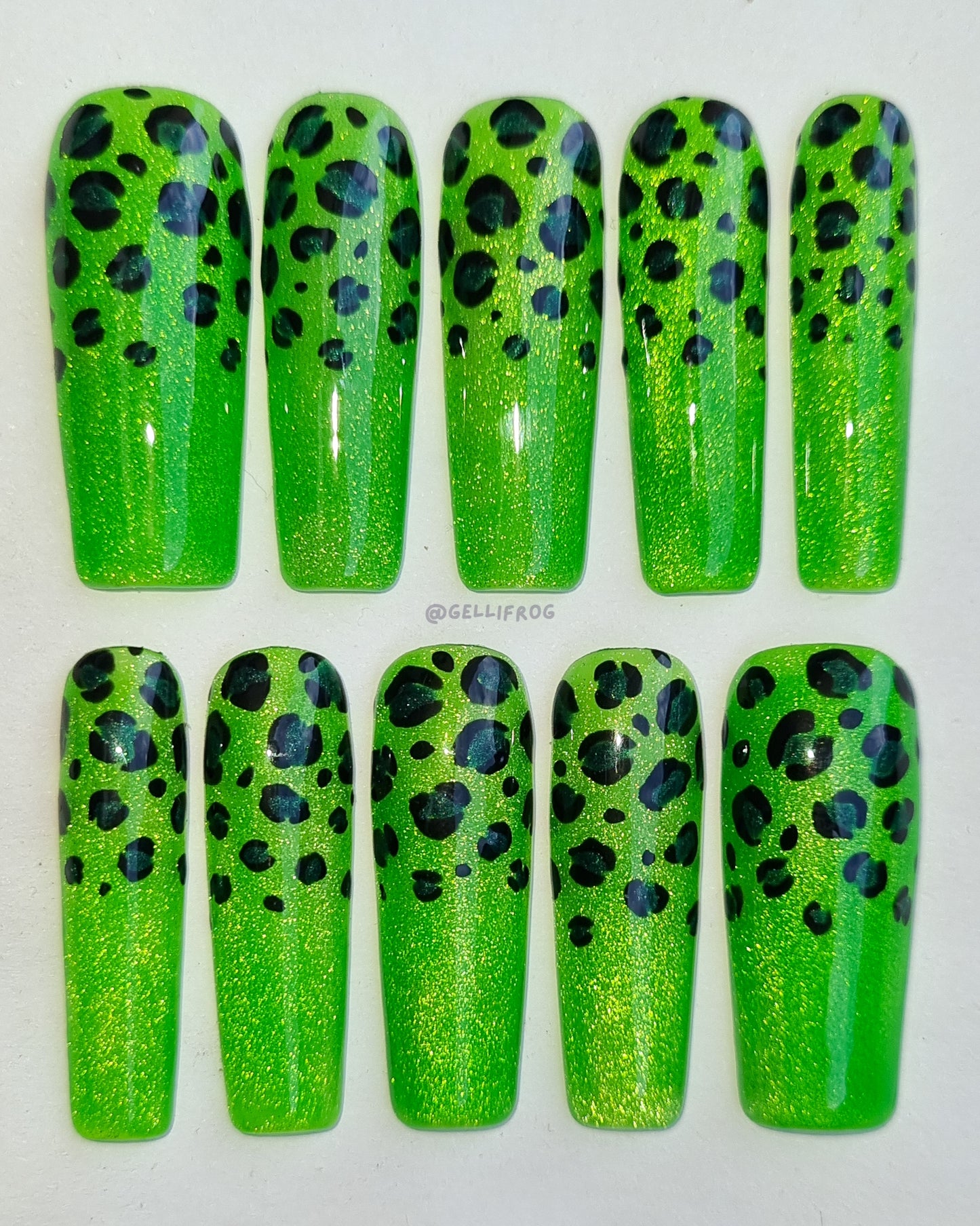 Envy Spots – Long Square Green Cheetah Print Press-On Nails | Handmade Gel Set