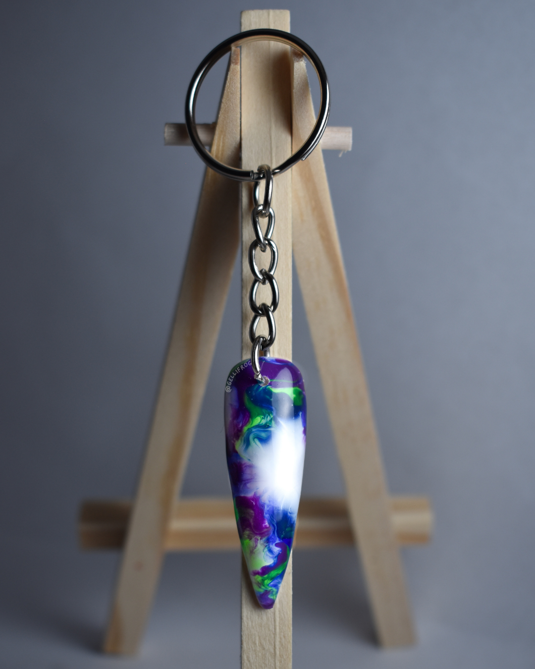 Marble Keychain with hand-painted blue, green, and purple marble nail by Gellifrog with NFC