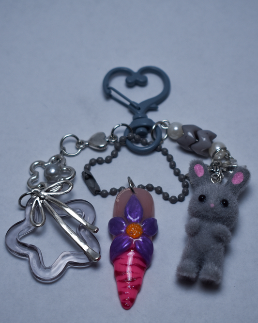 Trip to Bali hand-painted pink zebra nail keychain with 3D purple flower by Gellifrog with NFC