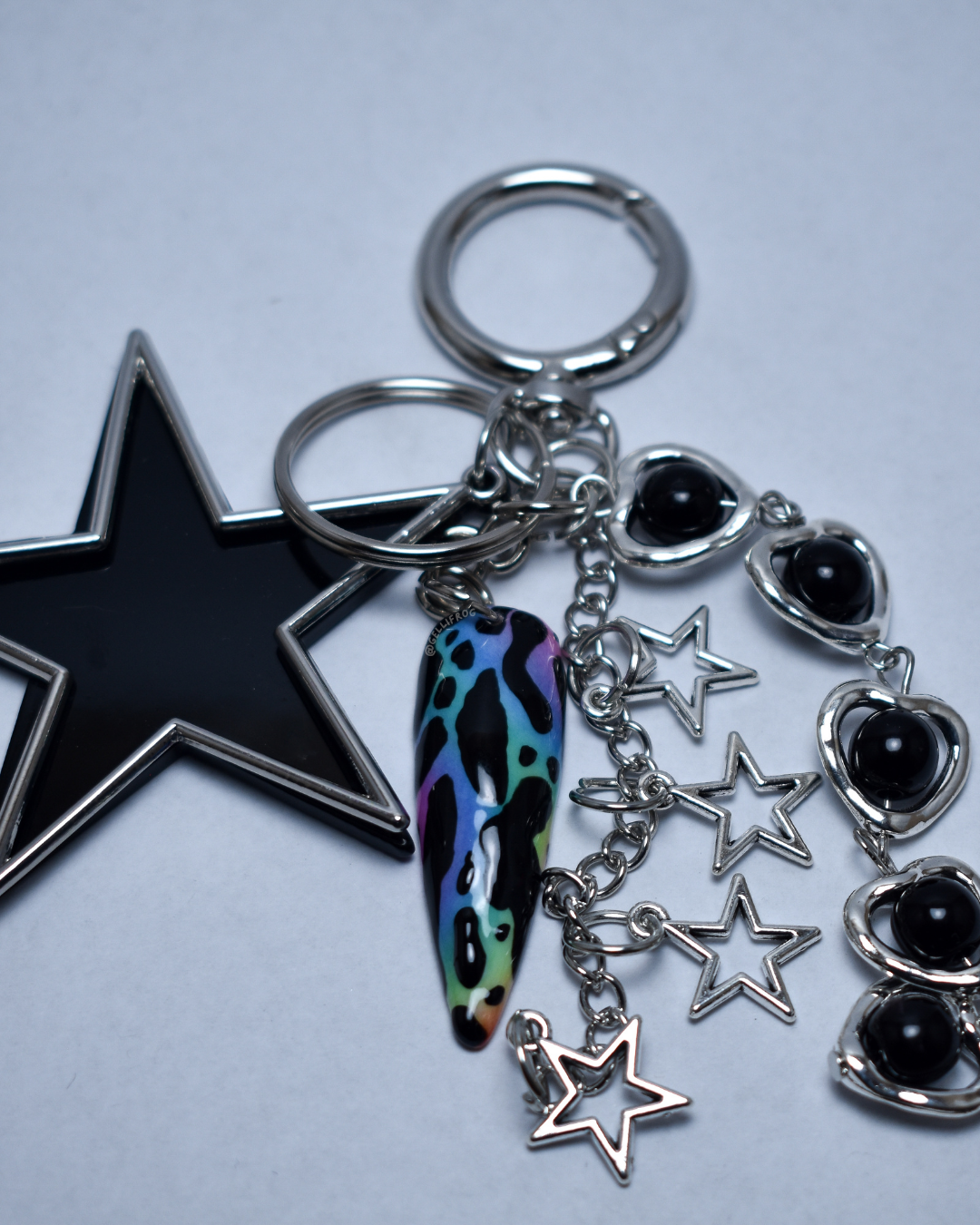 Poison Dart Frog hand-painted rainbow nail keychain by Gellifrog with NFC