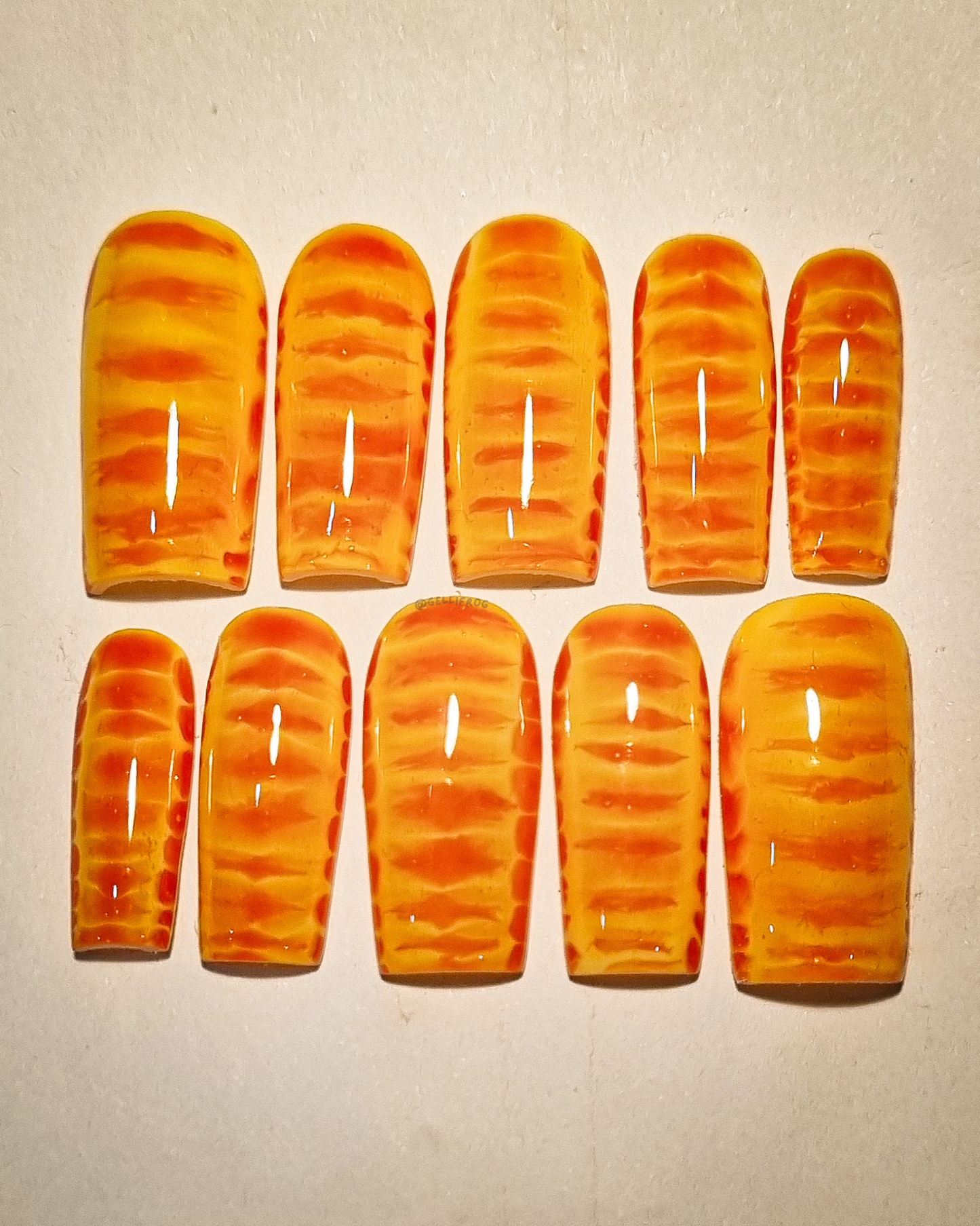 Mandy medium square marigold press-on nails by Gellifrog – handmade gel set