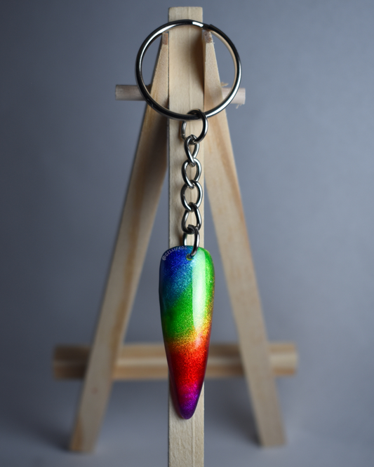 Rockin' Rainbow Keychain with hand-painted rainbow cat eye nail by Gellifrog with NFC