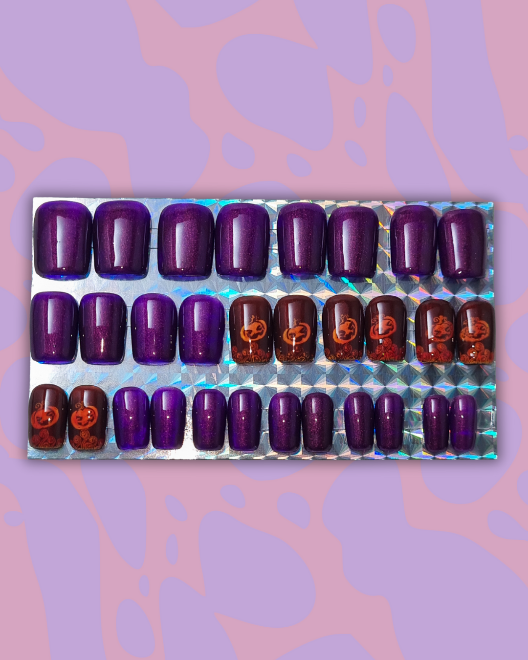 Short square Halloween pumpkin press on nail fit kit by Gellifrog