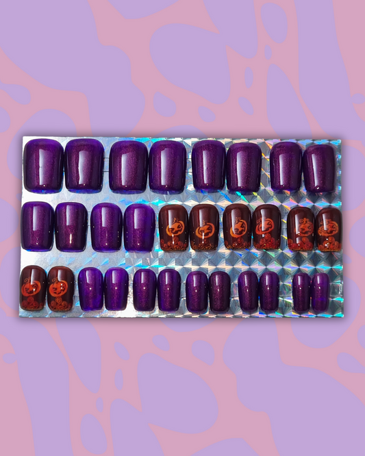 Short square Halloween pumpkin press on nail fit kit by Gellifrog