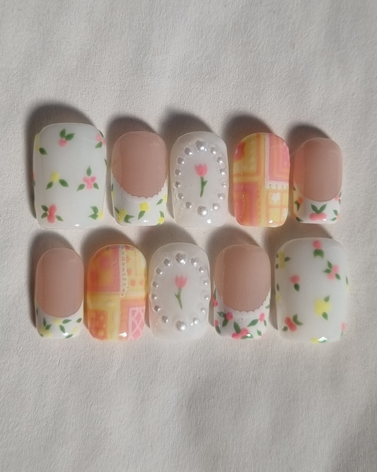 Morning Tea short square pastel coquette press-on nails by Gellifrog – handmade gel set