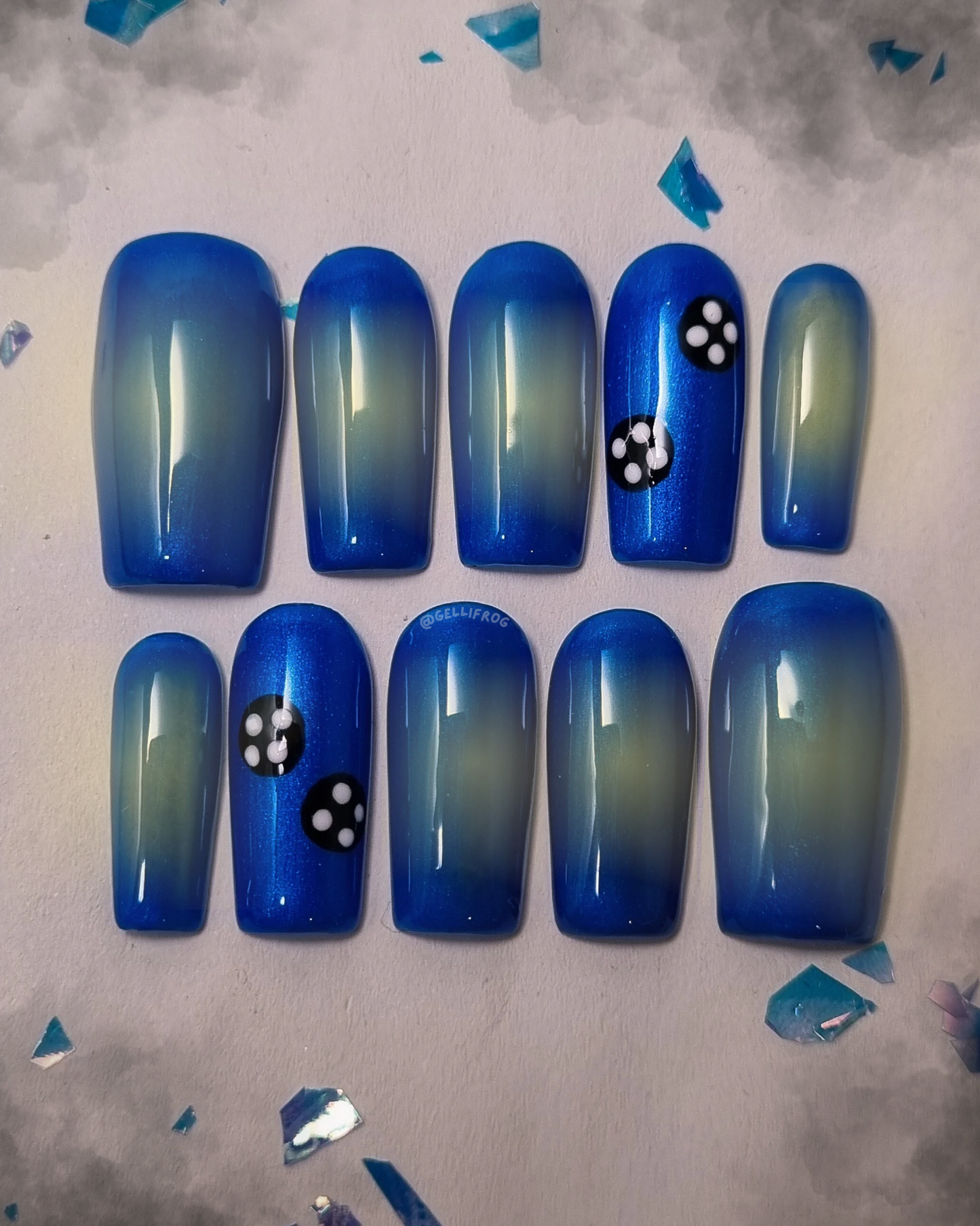 Stitched medium square Coraline-inspired gel press-on nails by Gellifrog