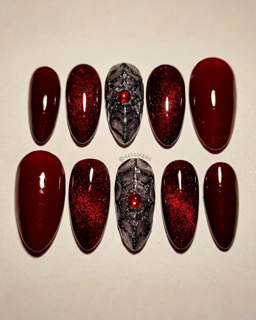 Serana's Seduction medium almond vampire red press-on nails by Gellifrog – handmade gel set