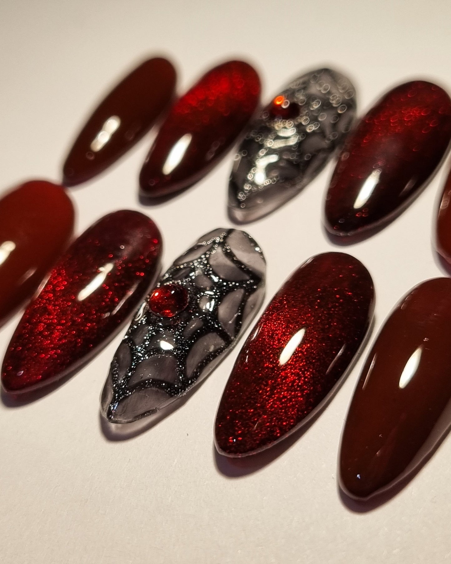 Serana's Seduction – Medium Almond Vampire Red Press-On Nails | Handmade Gel Set