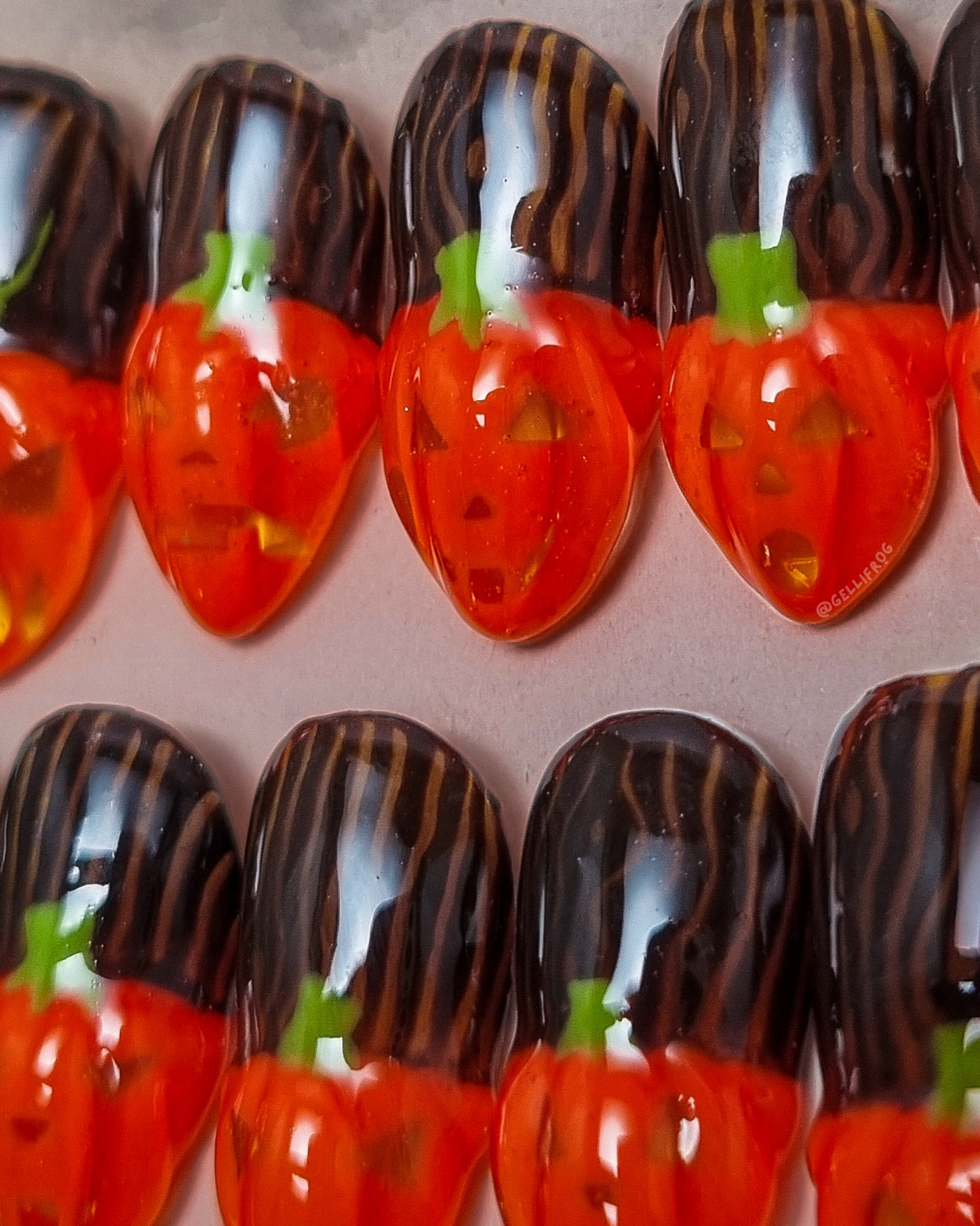 Pumpkin Party medium almond Halloween press-on nails by Gellifrog – handmade gel set
