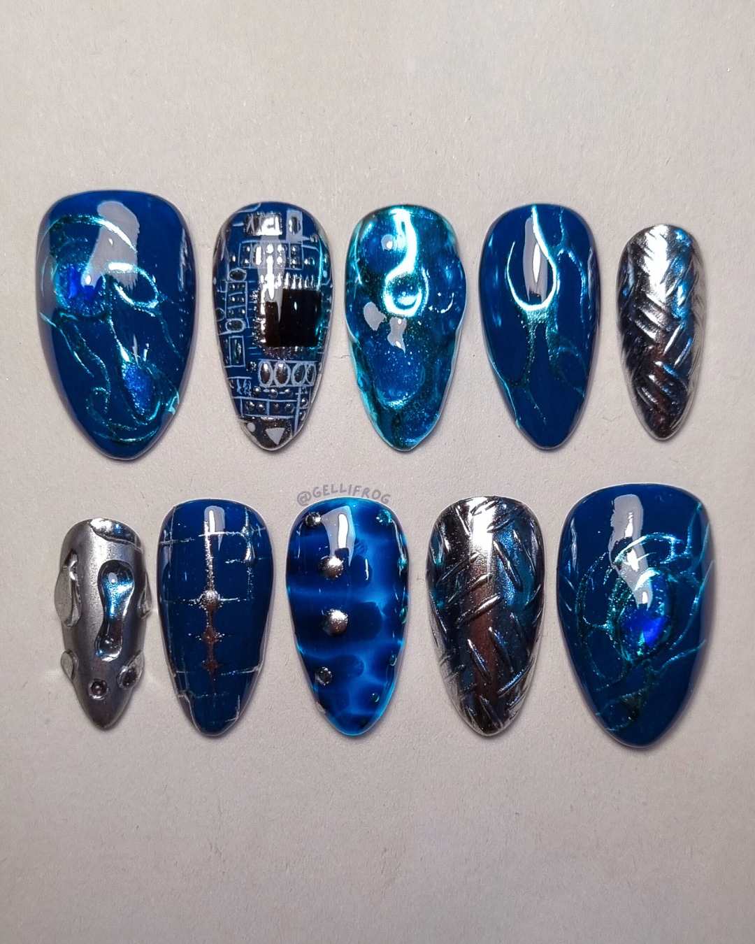 Cybersick medium almond techcore press-on nails by Gellifrog – handmade gel set
